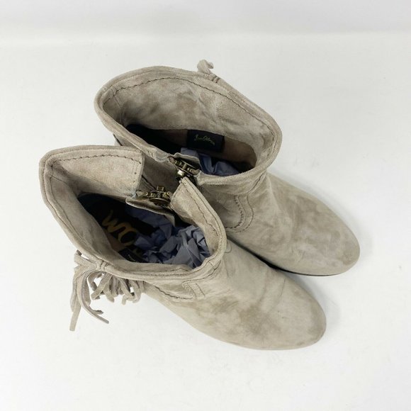 SAM EDELMAN LOUIE Boots Sz 9 Tan Suede Leather Fringe Ankle Booties Stacked Heel - Picture 4 of 11